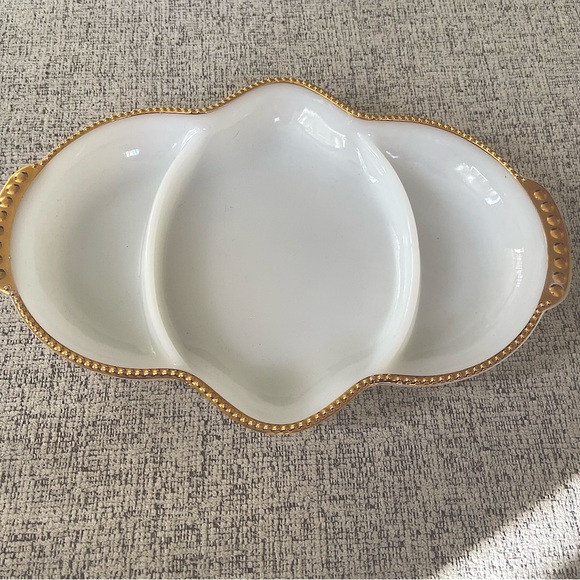 Fire King Other - Fire King Vintage Milk Glass Gold Trim Divided Serving Dish